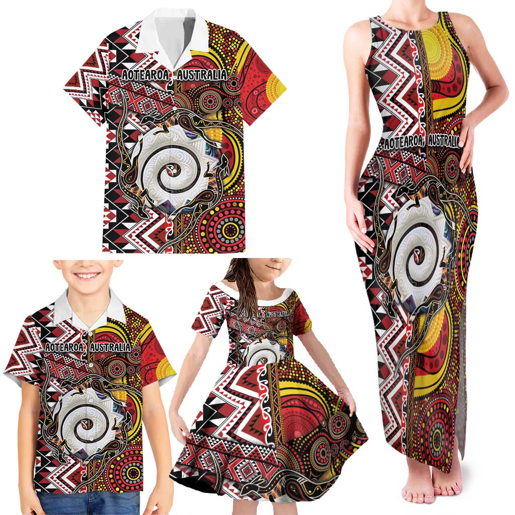 Personalised Aotearoa and Australia Together Family Matching Tank Maxi Dress and Hawaiian Shirt Koru and Kangaroo - Taniko with Aboriginal Motif