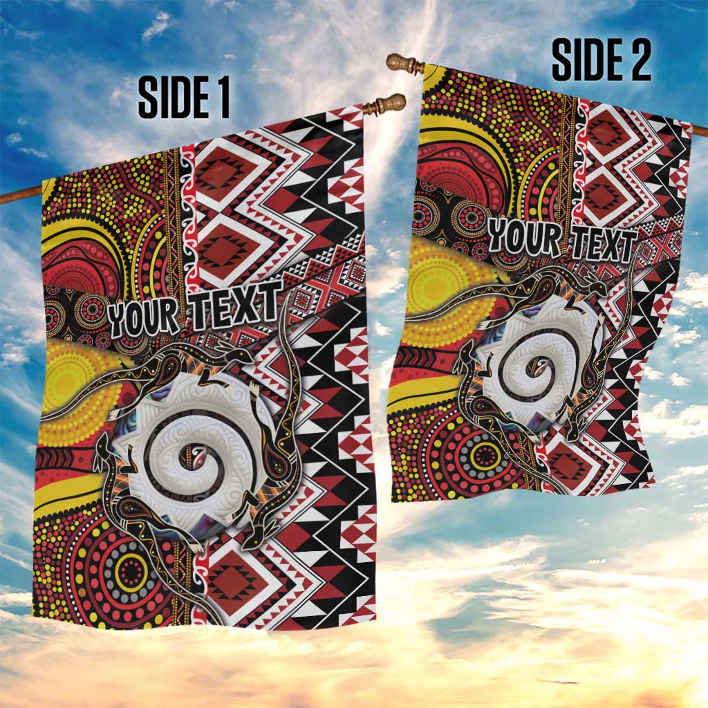 Personalised Aotearoa and Australia Together Garden Flag Koru and Kangaroo - Taniko with Aboriginal Motif - Vibe Hoodie Shop