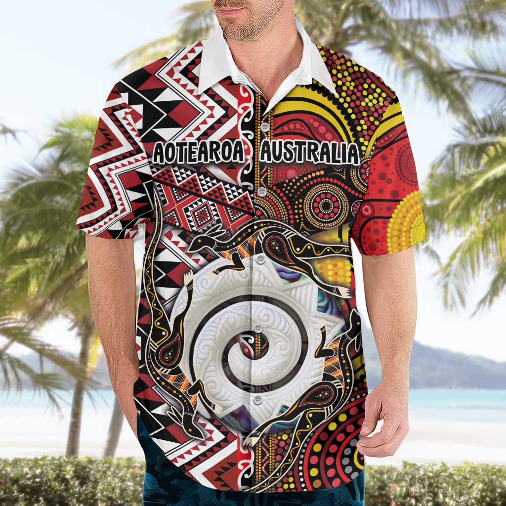 Personalised Aotearoa and Australia Together Hawaiian Shirt Koru and Kangaroo - Taniko with Aboriginal Motif - Vibe Hoodie Shop