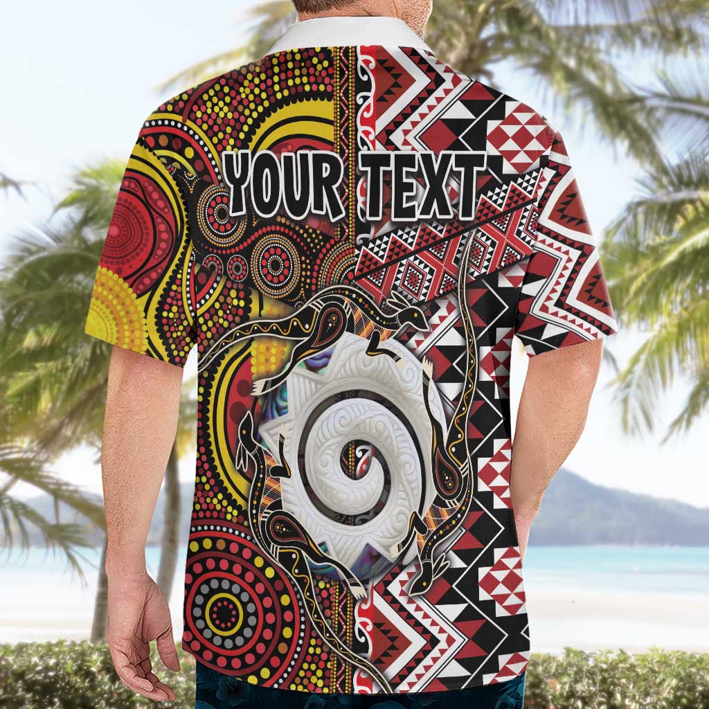 Personalised Aotearoa and Australia Together Hawaiian Shirt Koru and Kangaroo - Taniko with Aboriginal Motif - Vibe Hoodie Shop