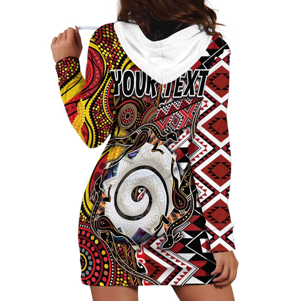 Personalised Aotearoa and Australia Together Hoodie Dress Koru and Kangaroo - Taniko with Aboriginal Motif - Vibe Hoodie Shop