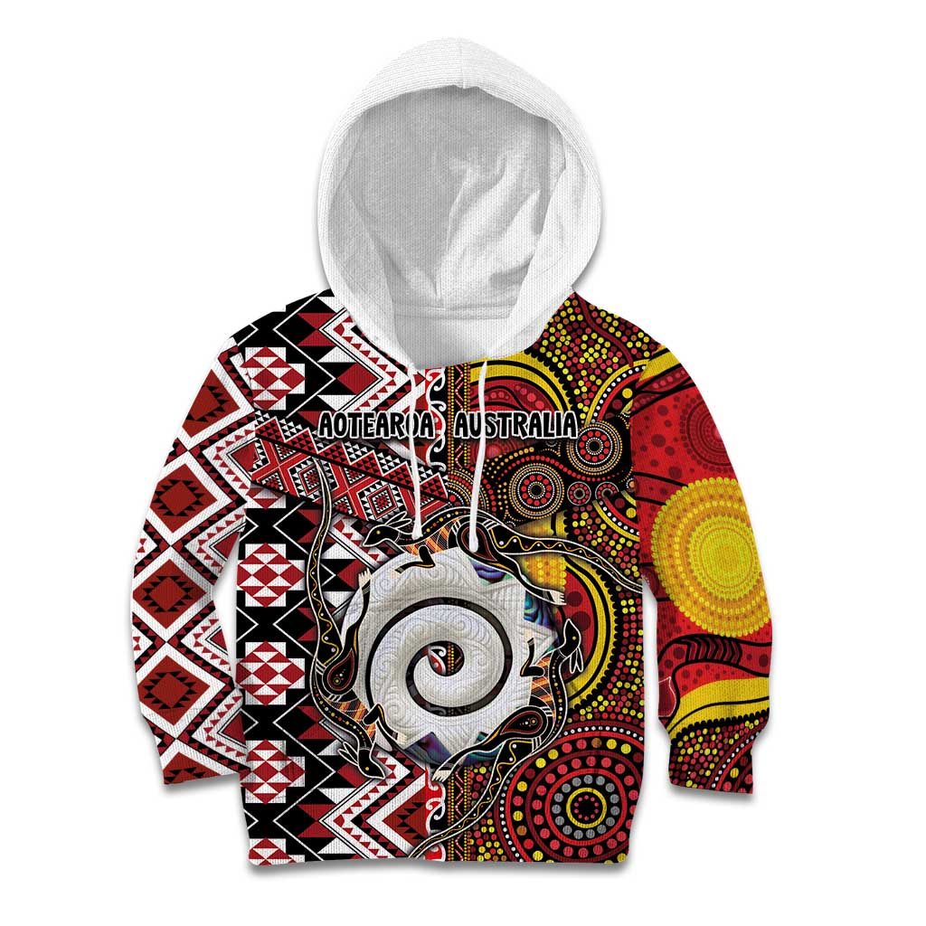 Personalised Aotearoa and Australia Together Kid Hoodie Koru and Kangaroo - Taniko with Aboriginal Motif - Vibe Hoodie Shop