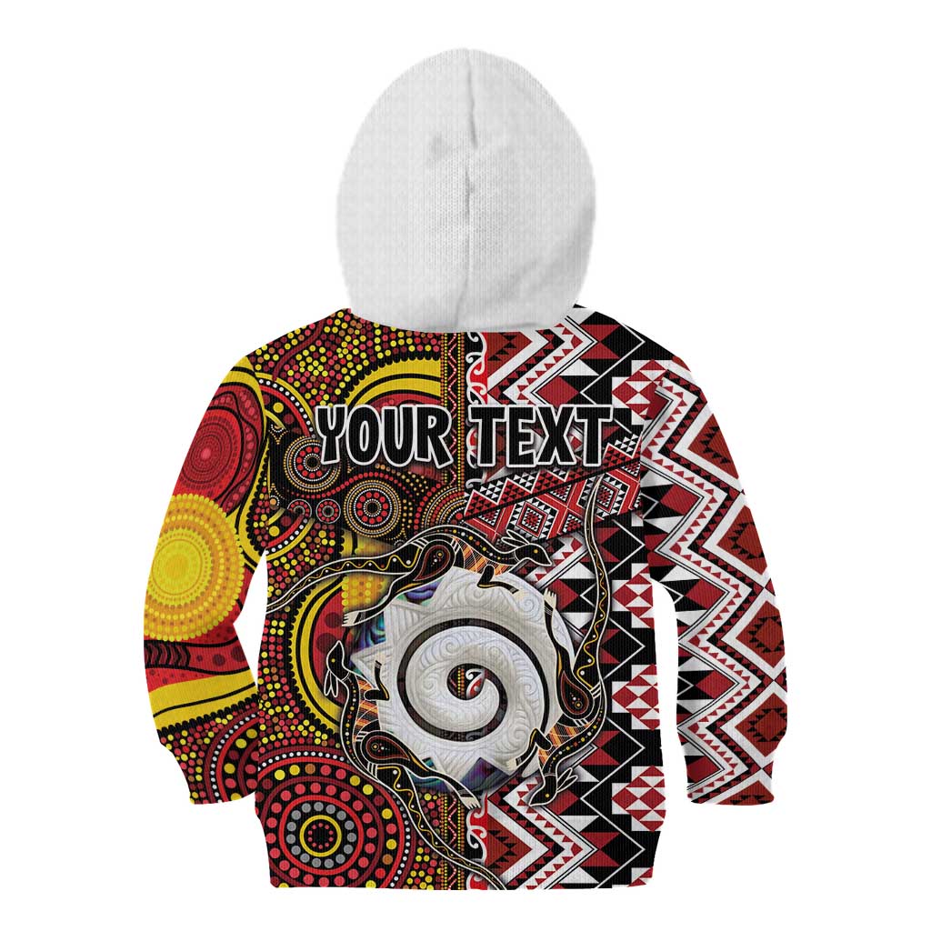 Personalised Aotearoa and Australia Together Kid Hoodie Koru and Kangaroo - Taniko with Aboriginal Motif - Vibe Hoodie Shop