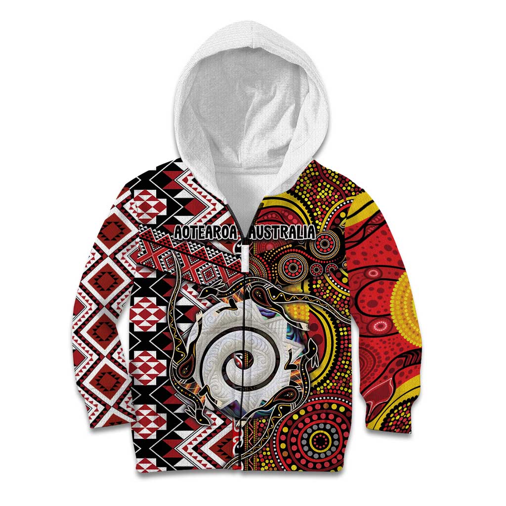 Personalised Aotearoa and Australia Together Kid Hoodie Koru and Kangaroo - Taniko with Aboriginal Motif - Vibe Hoodie Shop