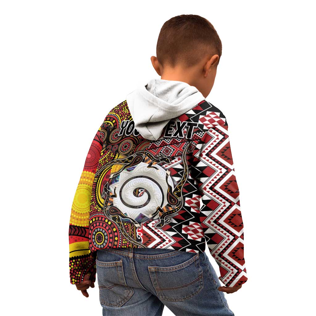 Personalised Aotearoa and Australia Together Kid Hoodie Koru and Kangaroo - Taniko with Aboriginal Motif - Vibe Hoodie Shop