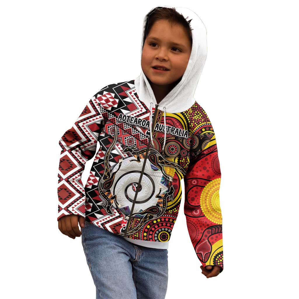 Personalised Aotearoa and Australia Together Kid Hoodie Koru and Kangaroo - Taniko with Aboriginal Motif - Vibe Hoodie Shop