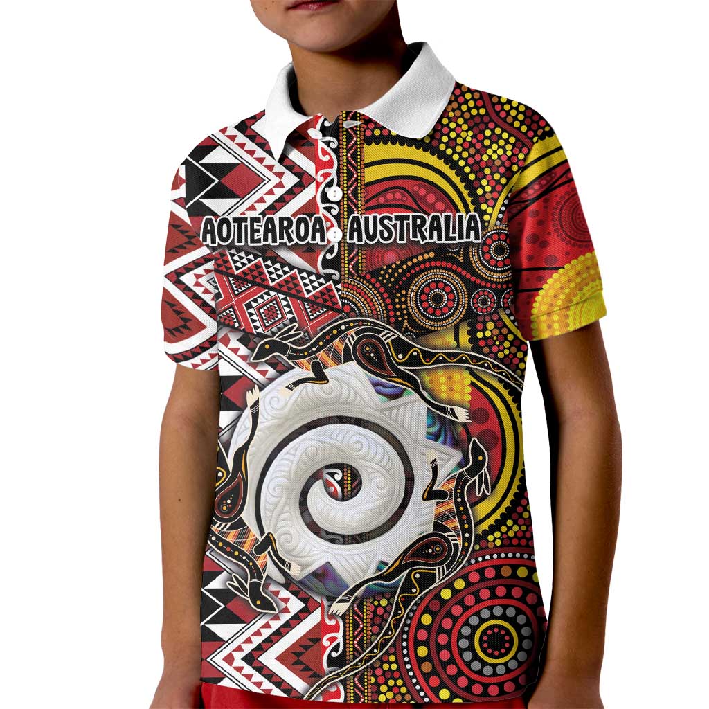 Personalised Aotearoa and Australia Together Kid Polo Shirt Koru and Kangaroo - Taniko with Aboriginal Motif - Vibe Hoodie Shop