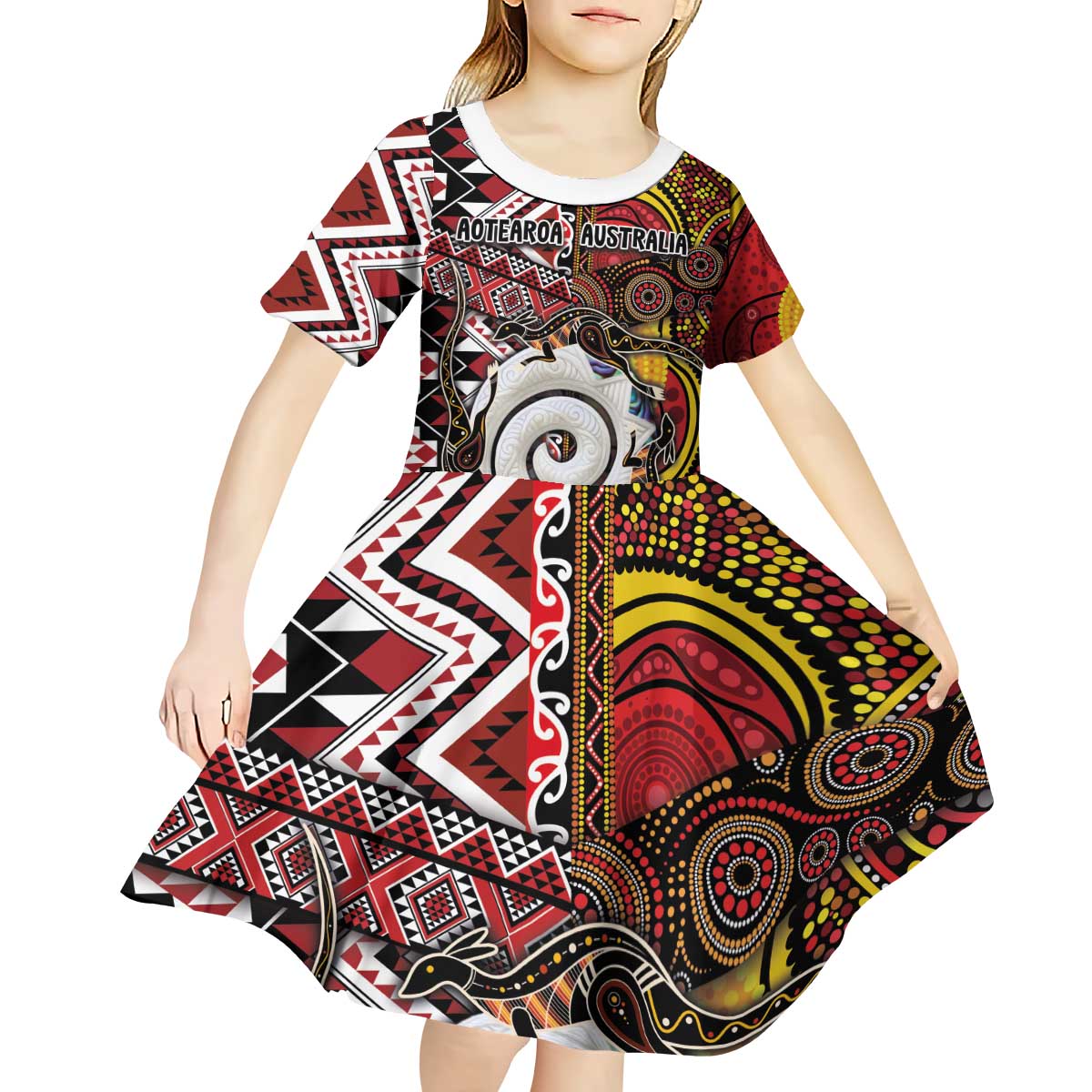 Personalised Aotearoa and Australia Together Kid Short Sleeve Dress Koru and Kangaroo - Taniko with Aboriginal Motif - Vibe Hoodie Shop