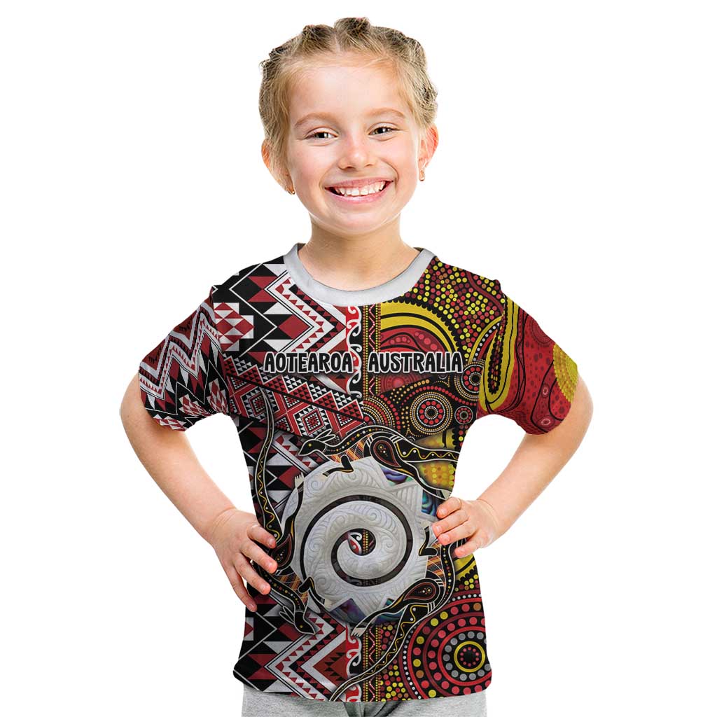 Personalised Aotearoa and Australia Together Kid T Shirt Koru and Kangaroo - Taniko with Aboriginal Motif - Vibe Hoodie Shop