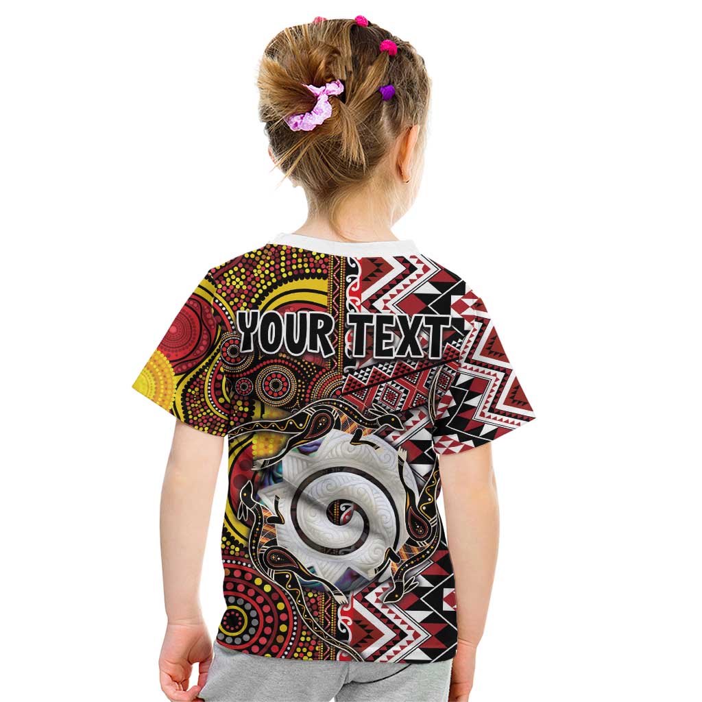 Personalised Aotearoa and Australia Together Kid T Shirt Koru and Kangaroo - Taniko with Aboriginal Motif - Vibe Hoodie Shop