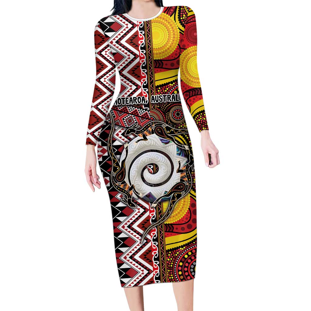 Personalised Aotearoa and Australia Together Long Sleeve Bodycon Dress Koru and Kangaroo - Taniko with Aboriginal Motif