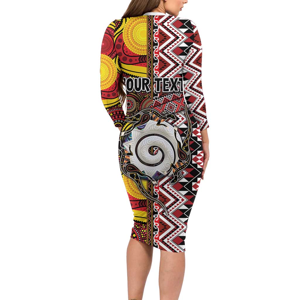 Personalised Aotearoa and Australia Together Long Sleeve Bodycon Dress Koru and Kangaroo - Taniko with Aboriginal Motif