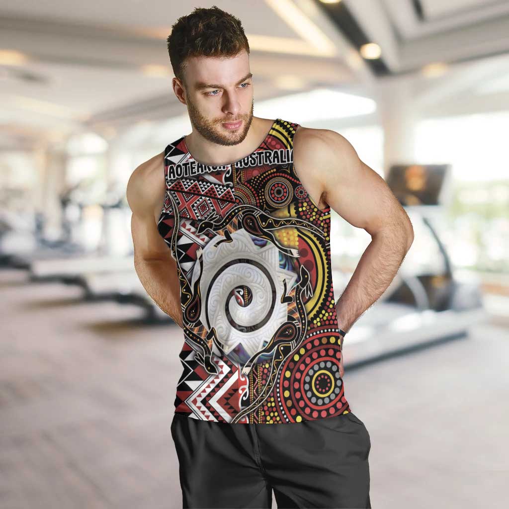 Personalised Aotearoa and Australia Together Men Tank Top Koru and Kangaroo - Taniko with Aboriginal Motif - Vibe Hoodie Shop