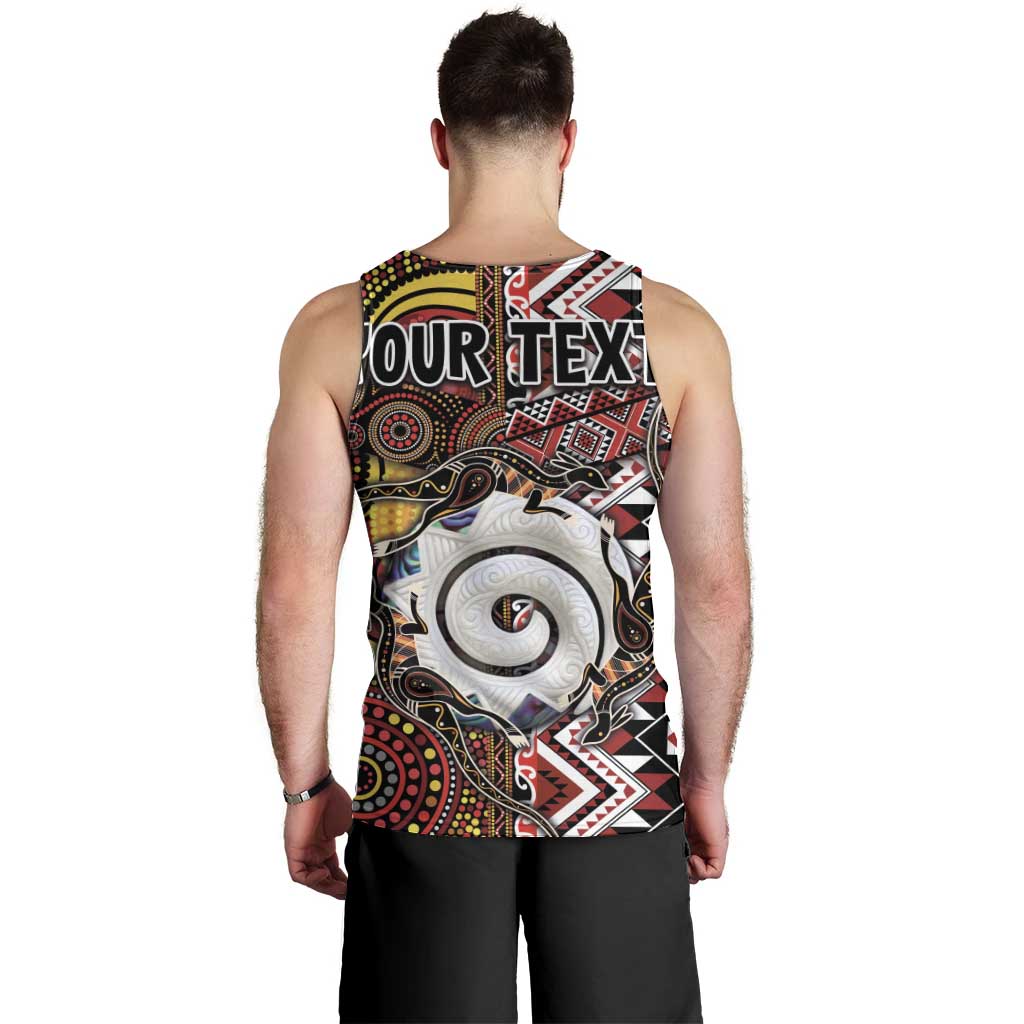 Personalised Aotearoa and Australia Together Men Tank Top Koru and Kangaroo - Taniko with Aboriginal Motif - Vibe Hoodie Shop