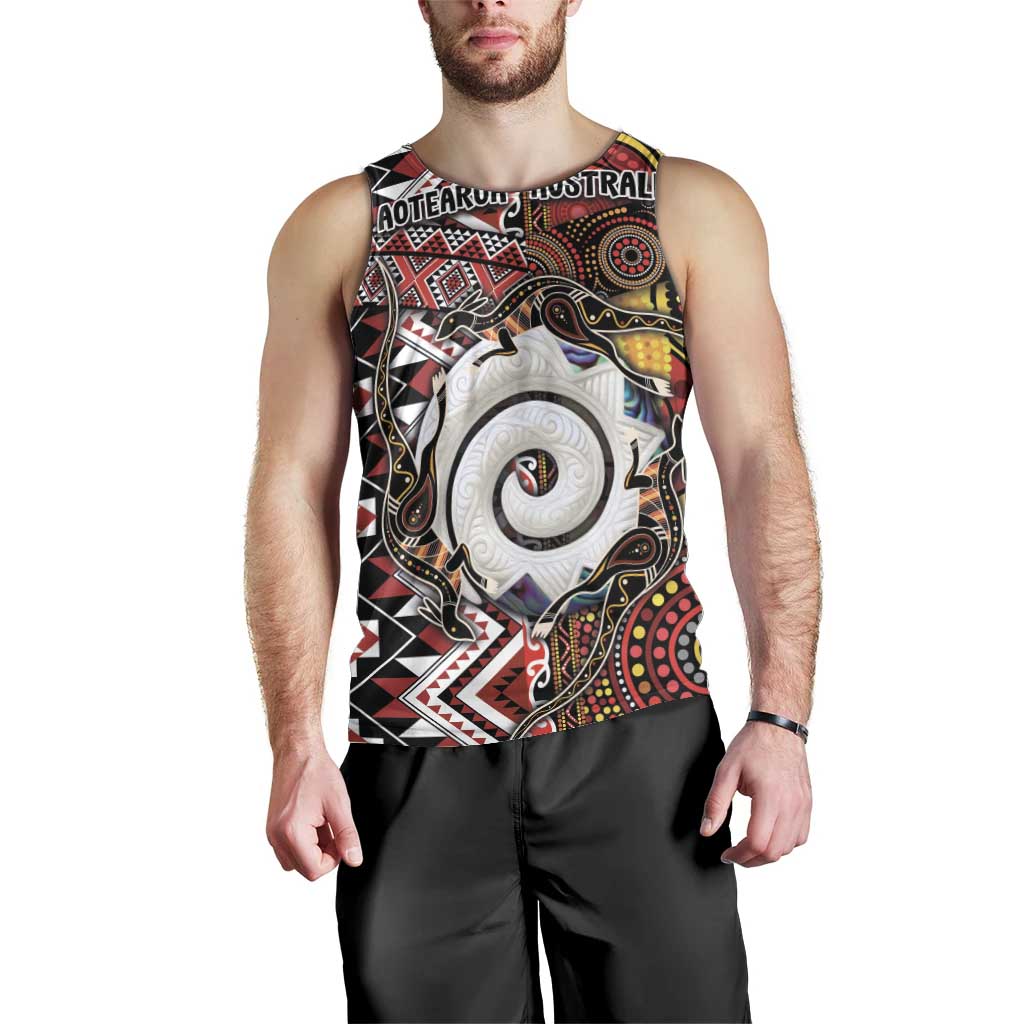 Personalised Aotearoa and Australia Together Men Tank Top Koru and Kangaroo - Taniko with Aboriginal Motif - Vibe Hoodie Shop