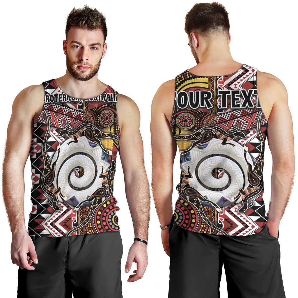 Personalised Aotearoa and Australia Together Men Tank Top Koru and Kangaroo - Taniko with Aboriginal Motif - Vibe Hoodie Shop