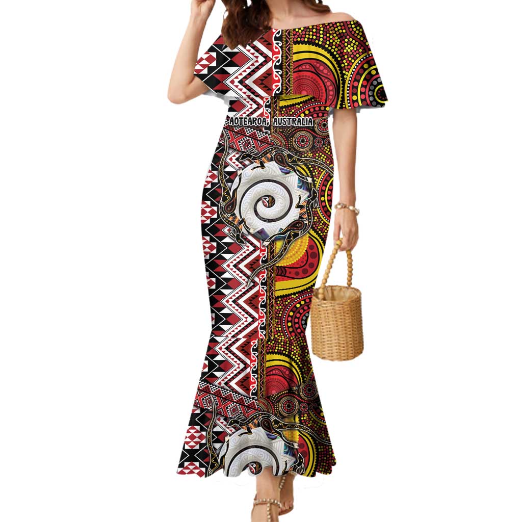 Personalised Aotearoa and Australia Together Mermaid Dress Koru and Kangaroo - Taniko with Aboriginal Motif