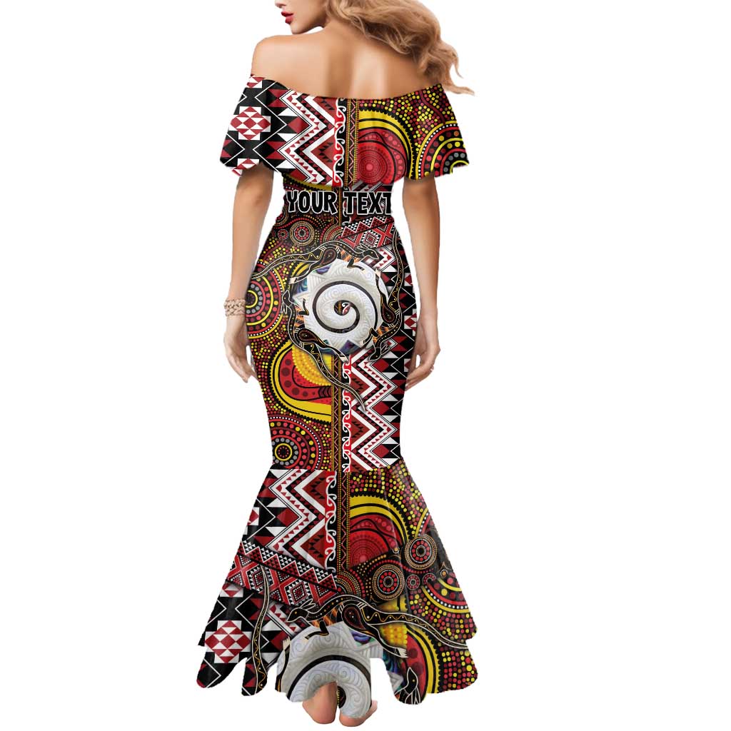 Personalised Aotearoa and Australia Together Mermaid Dress Koru and Kangaroo - Taniko with Aboriginal Motif