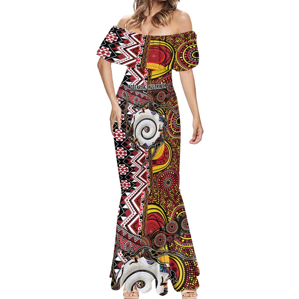 Personalised Aotearoa and Australia Together Mermaid Dress Koru and Kangaroo - Taniko with Aboriginal Motif