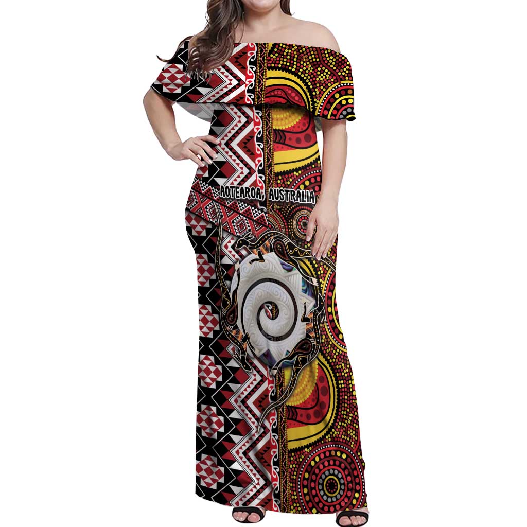 Personalised Aotearoa and Australia Together Off Shoulder Maxi Dress Koru and Kangaroo - Taniko with Aboriginal Motif