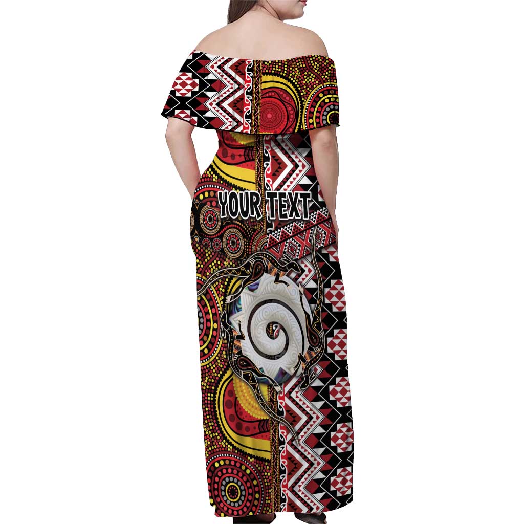 Personalised Aotearoa and Australia Together Off Shoulder Maxi Dress Koru and Kangaroo - Taniko with Aboriginal Motif