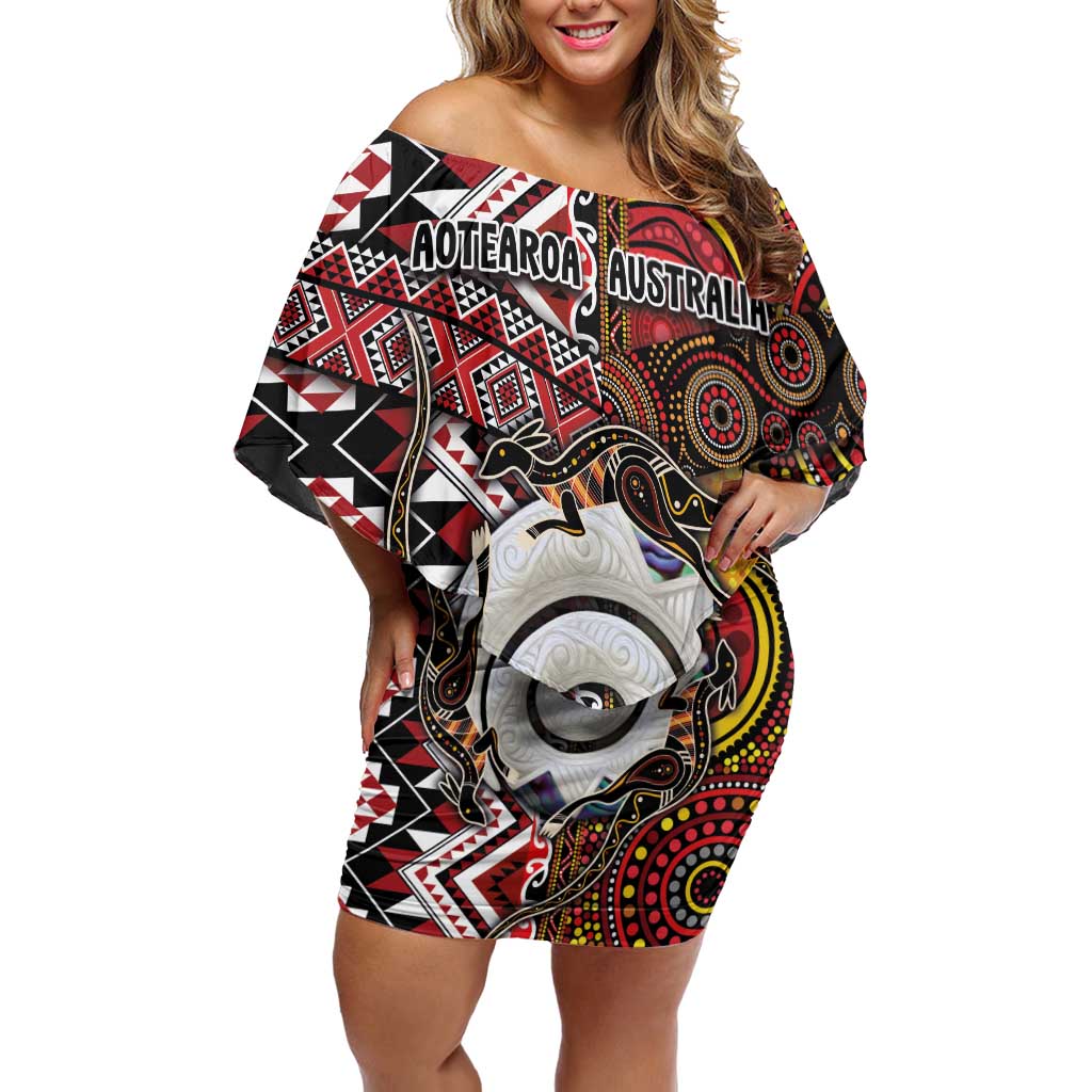 Personalised Aotearoa and Australia Together Off Shoulder Short Dress Koru and Kangaroo - Taniko with Aboriginal Motif