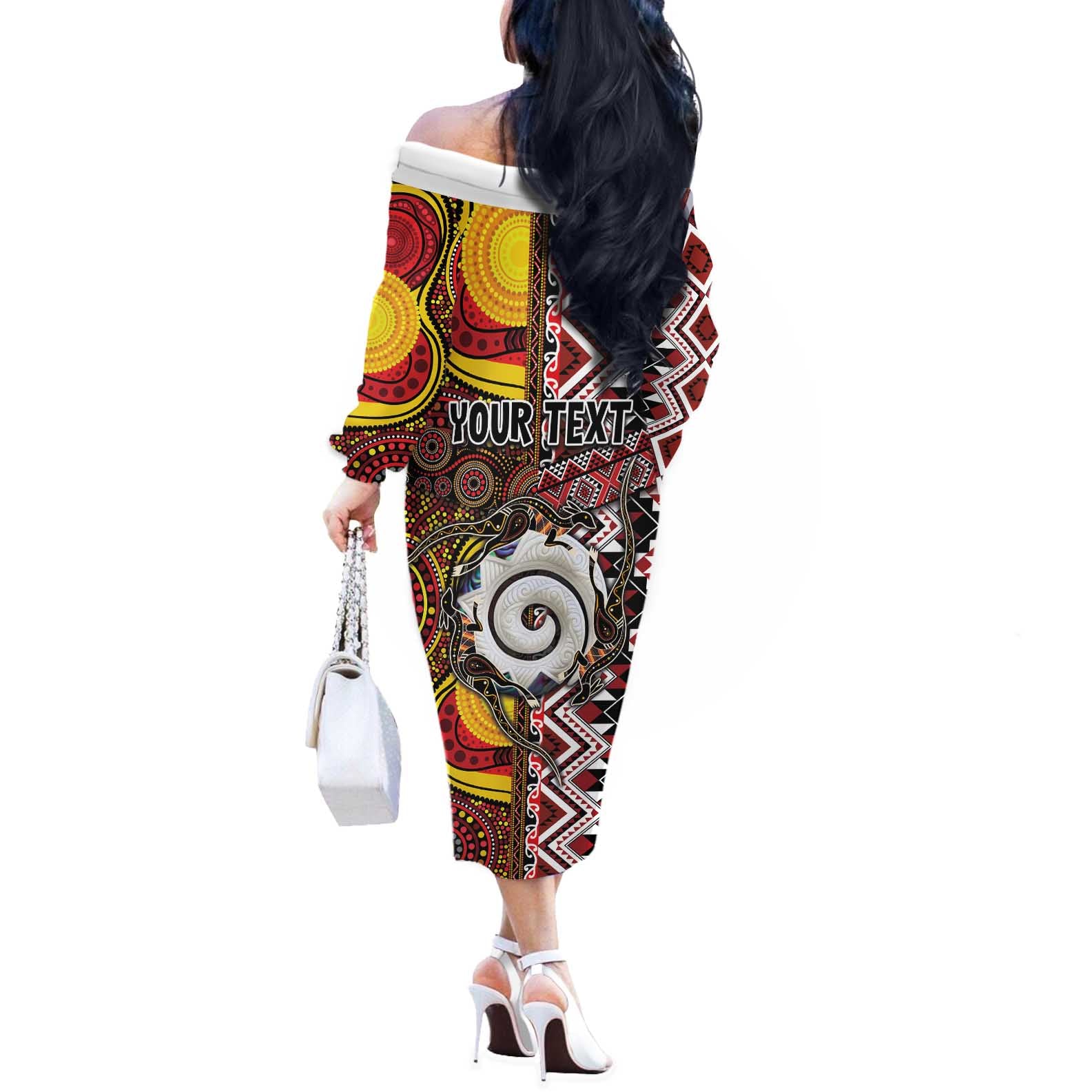 Personalised Aotearoa and Australia Together Off The Shoulder Long Sleeve Dress Koru and Kangaroo - Taniko with Aboriginal Motif