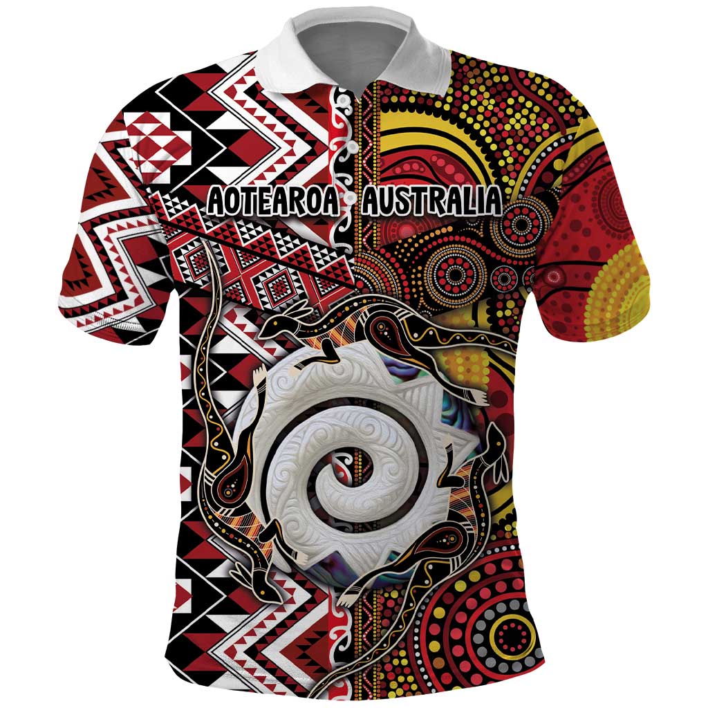 Personalised Aotearoa and Australia Together Polo Shirt Koru and Kangaroo - Taniko with Aboriginal Motif - Vibe Hoodie Shop