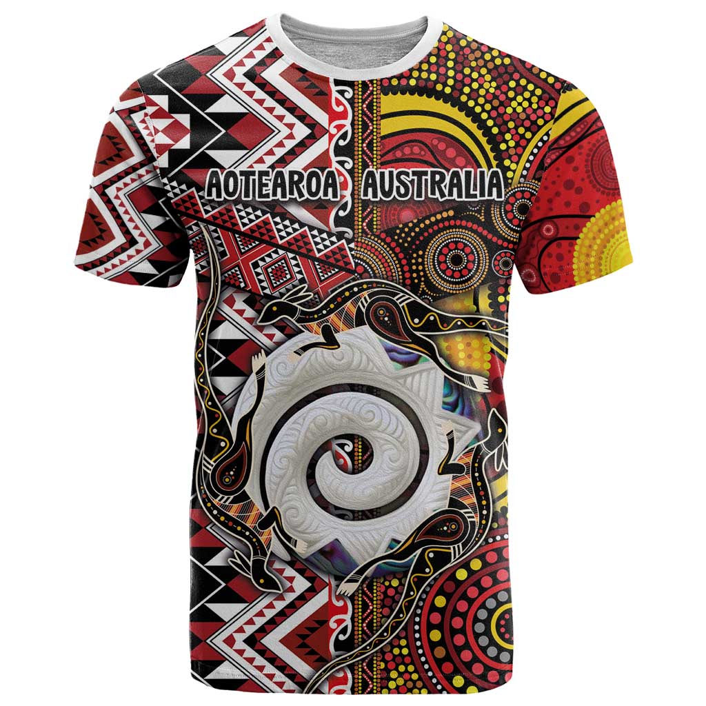 Personalised Aotearoa and Australia Together T Shirt Koru and Kangaroo - Taniko with Aboriginal Motif - Vibe Hoodie Shop