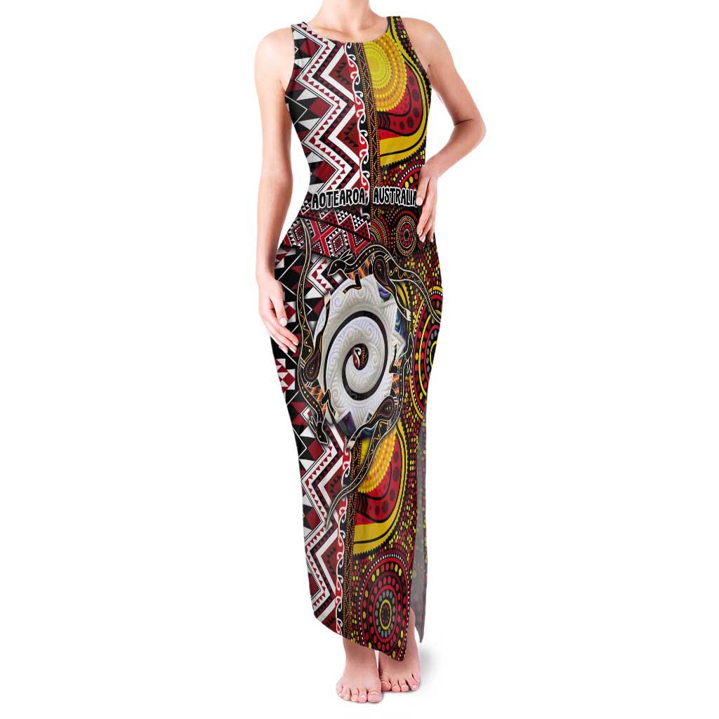 Personalised Aotearoa and Australia Together Tank Maxi Dress Koru and Kangaroo - Taniko with Aboriginal Motif