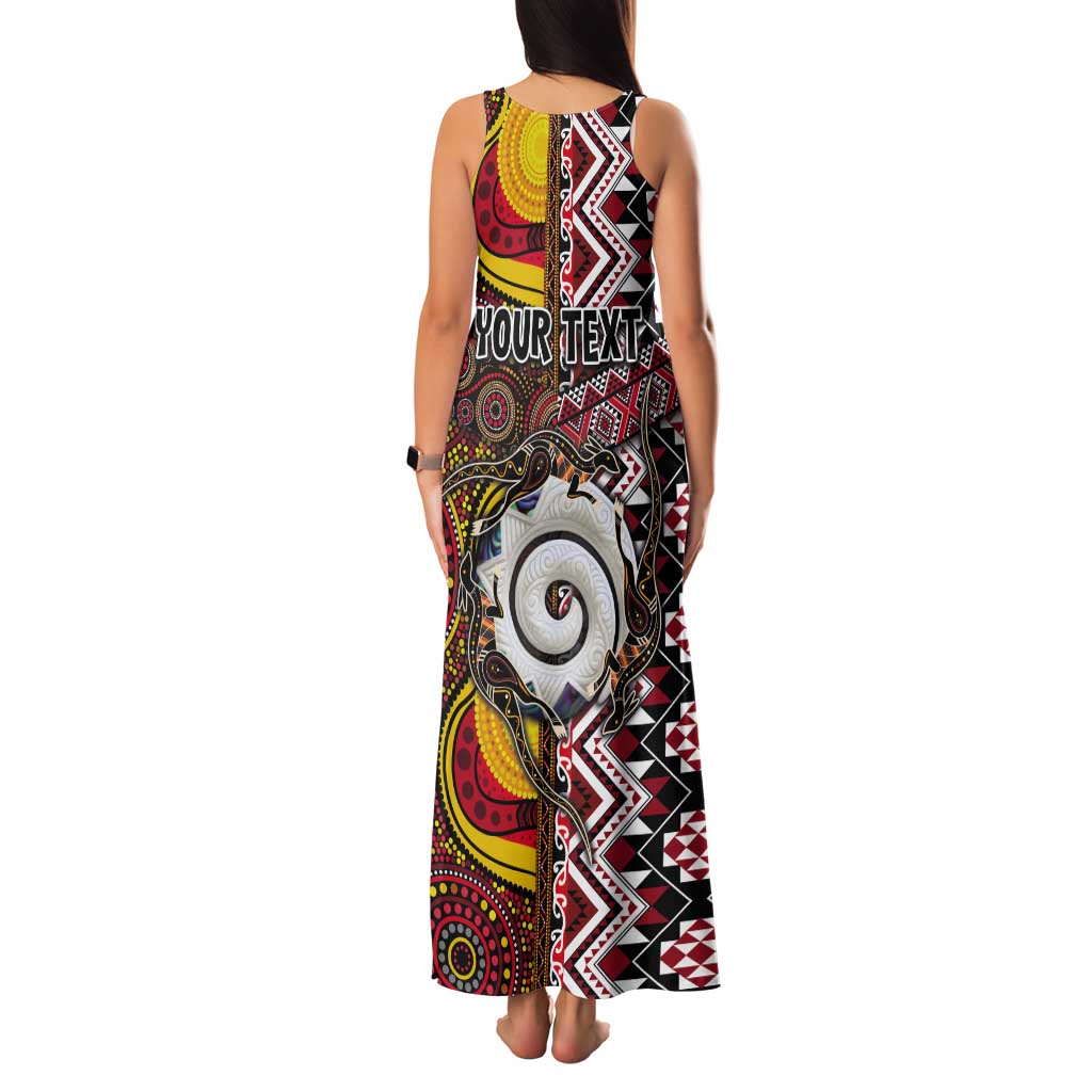 Personalised Aotearoa and Australia Together Tank Maxi Dress Koru and Kangaroo - Taniko with Aboriginal Motif