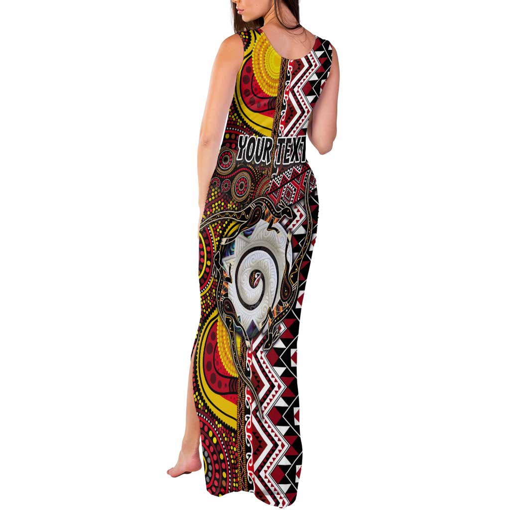 Personalised Aotearoa and Australia Together Tank Maxi Dress Koru and Kangaroo - Taniko with Aboriginal Motif