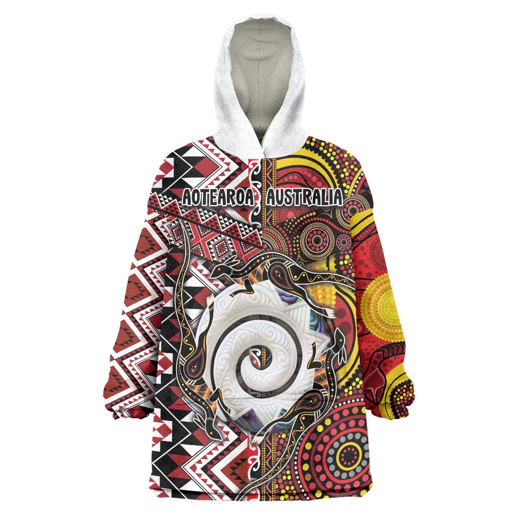 Personalised Aotearoa and Australia Together Wearable Blanket Hoodie Koru and Kangaroo - Taniko with Aboriginal Motif - Vibe Hoodie Shop