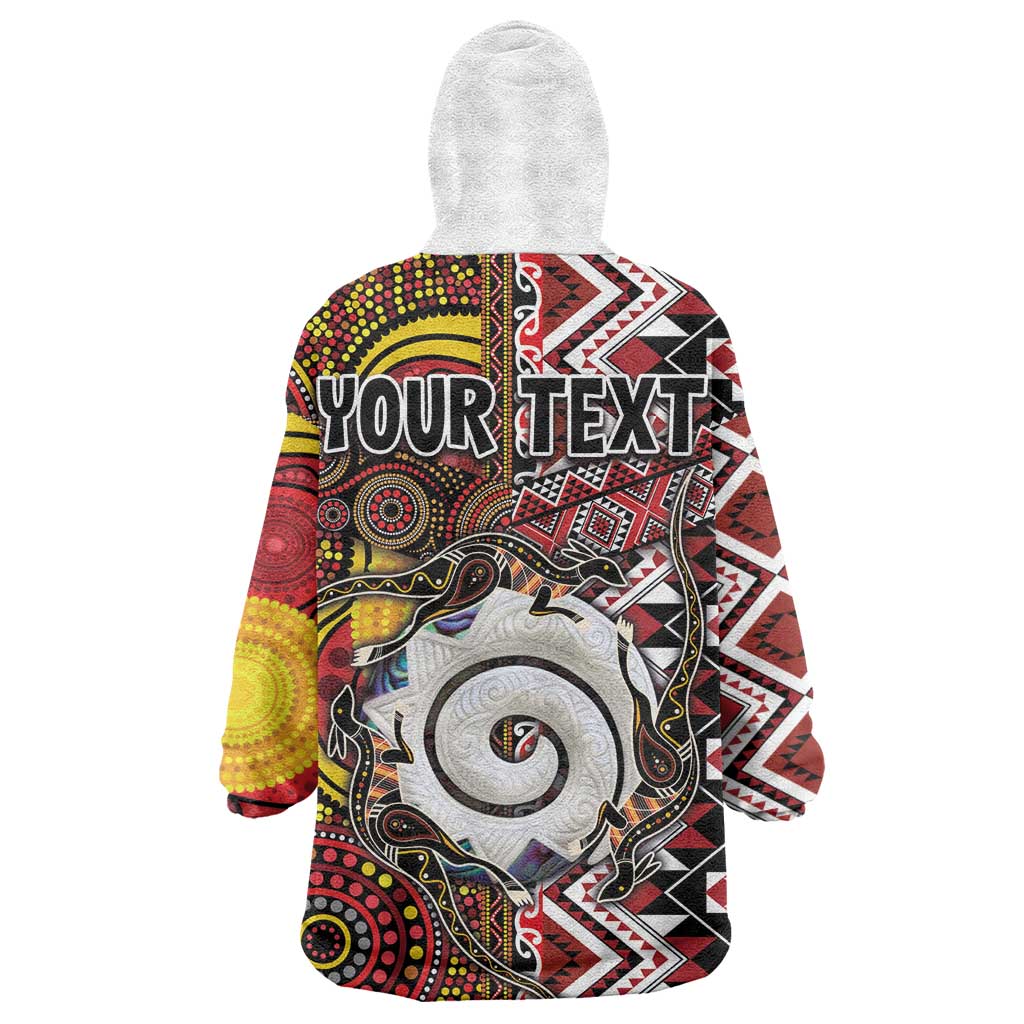 Personalised Aotearoa and Australia Together Wearable Blanket Hoodie Koru and Kangaroo - Taniko with Aboriginal Motif - Vibe Hoodie Shop