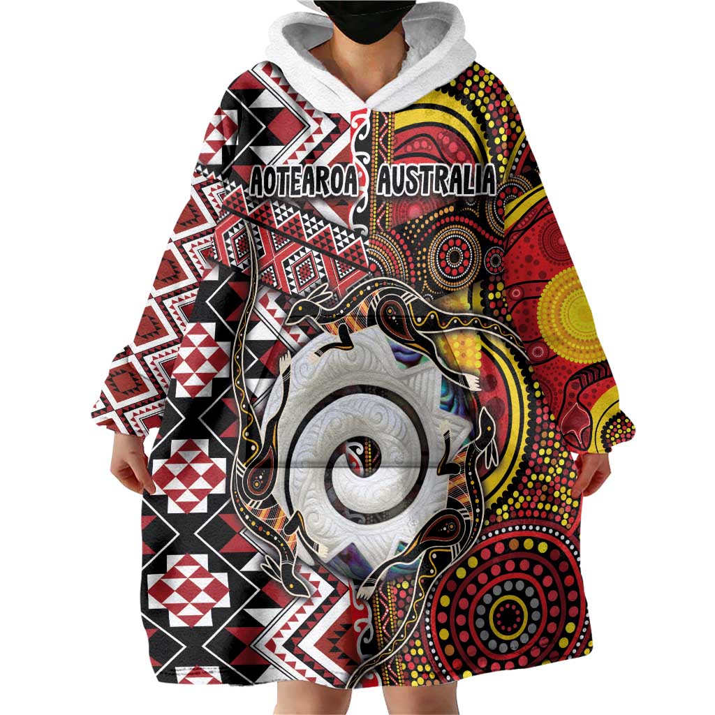 Personalised Aotearoa and Australia Together Wearable Blanket Hoodie Koru and Kangaroo - Taniko with Aboriginal Motif - Vibe Hoodie Shop