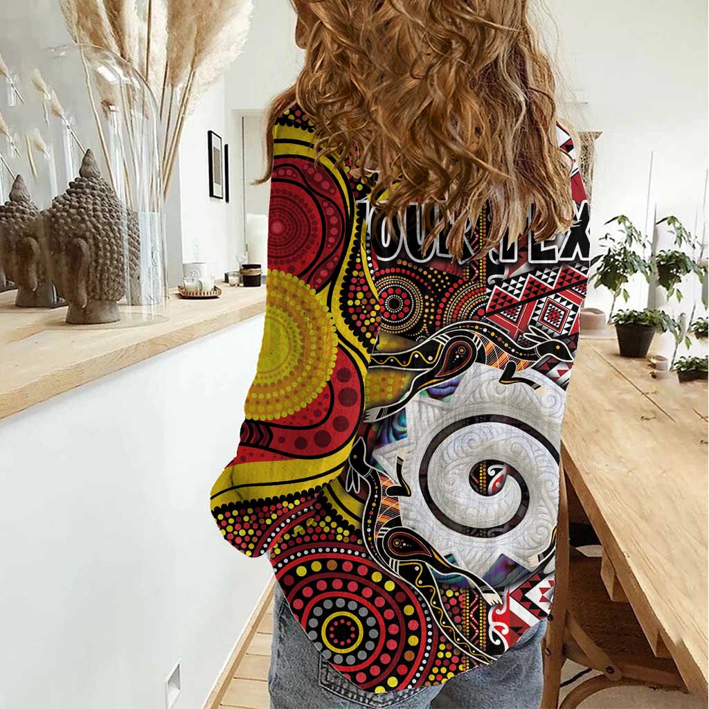 Personalised Aotearoa and Australia Together Women Casual Shirt Koru and Kangaroo - Taniko with Aboriginal Motif - Vibe Hoodie Shop
