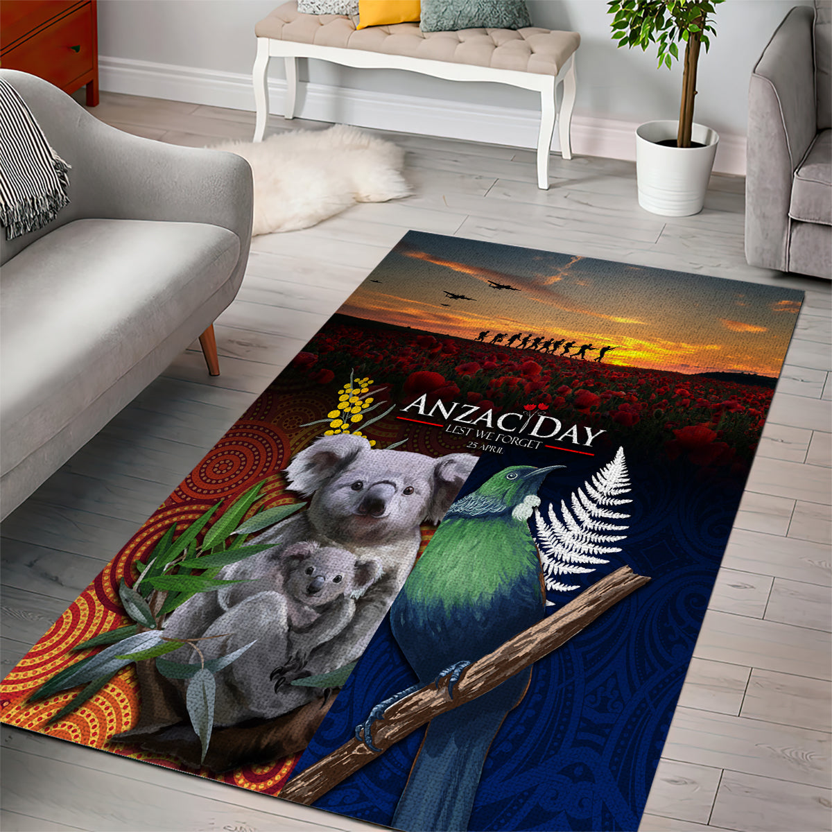 Australia and New Zealand ANZAC Day Area Rug Tui Bird and Koala mix Maori and Aboriginal Pattern - Vibe Hoodie Shop