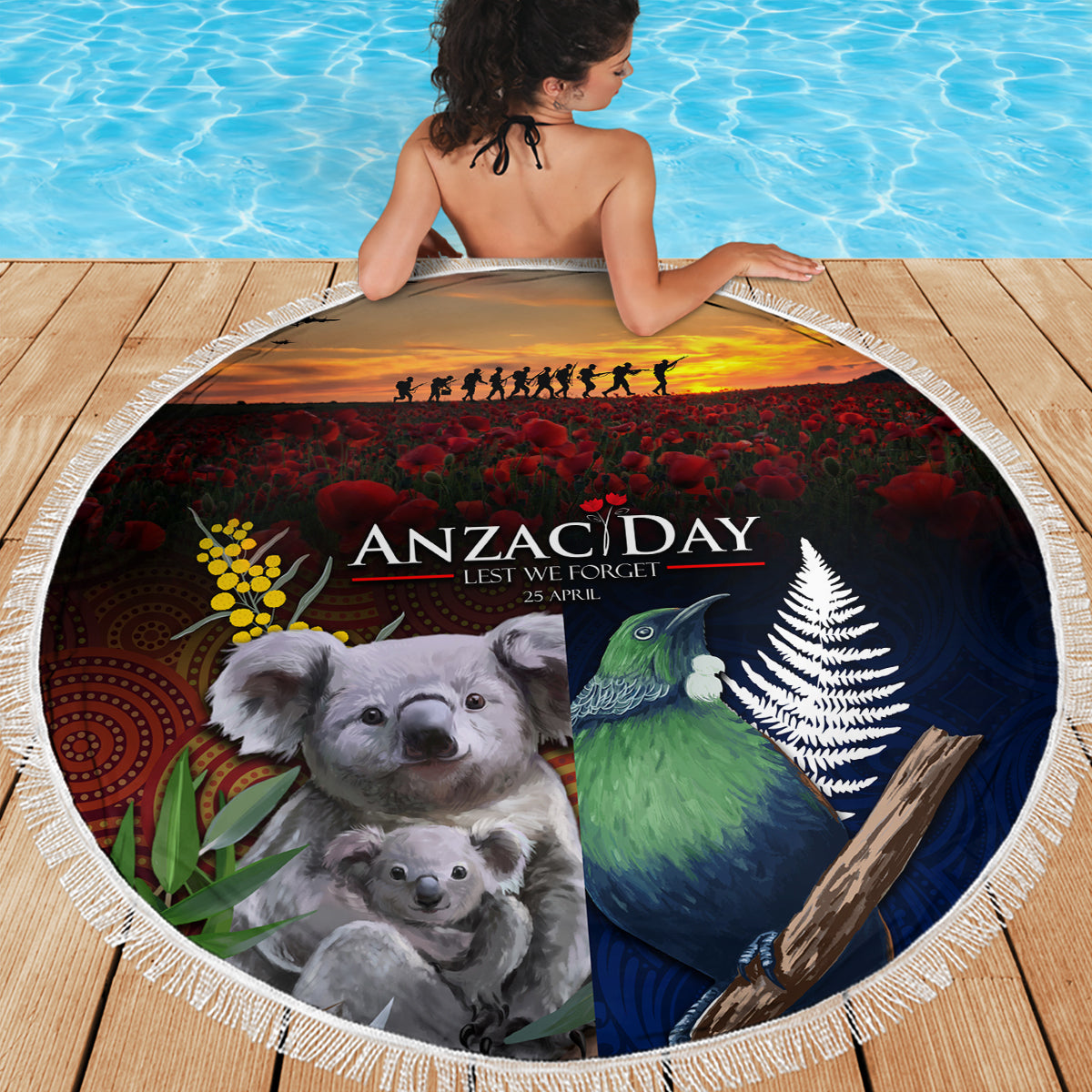 Australia and New Zealand ANZAC Day Beach Blanket Tui Bird and Koala mix Maori and Aboriginal Pattern