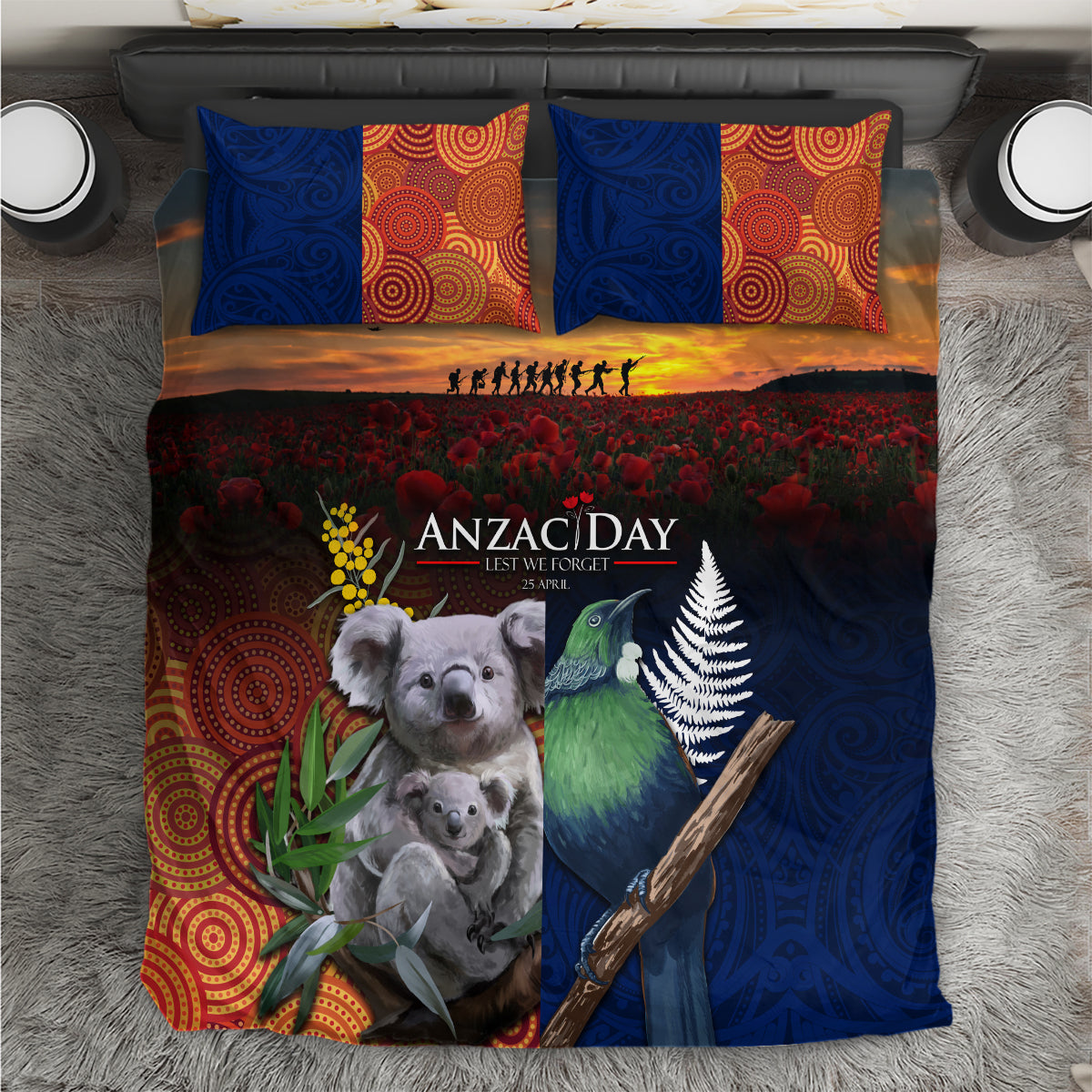 Australia and New Zealand ANZAC Day Bedding Set Tui Bird and Koala mix Maori and Aboriginal Pattern - Vibe Hoodie Shop
