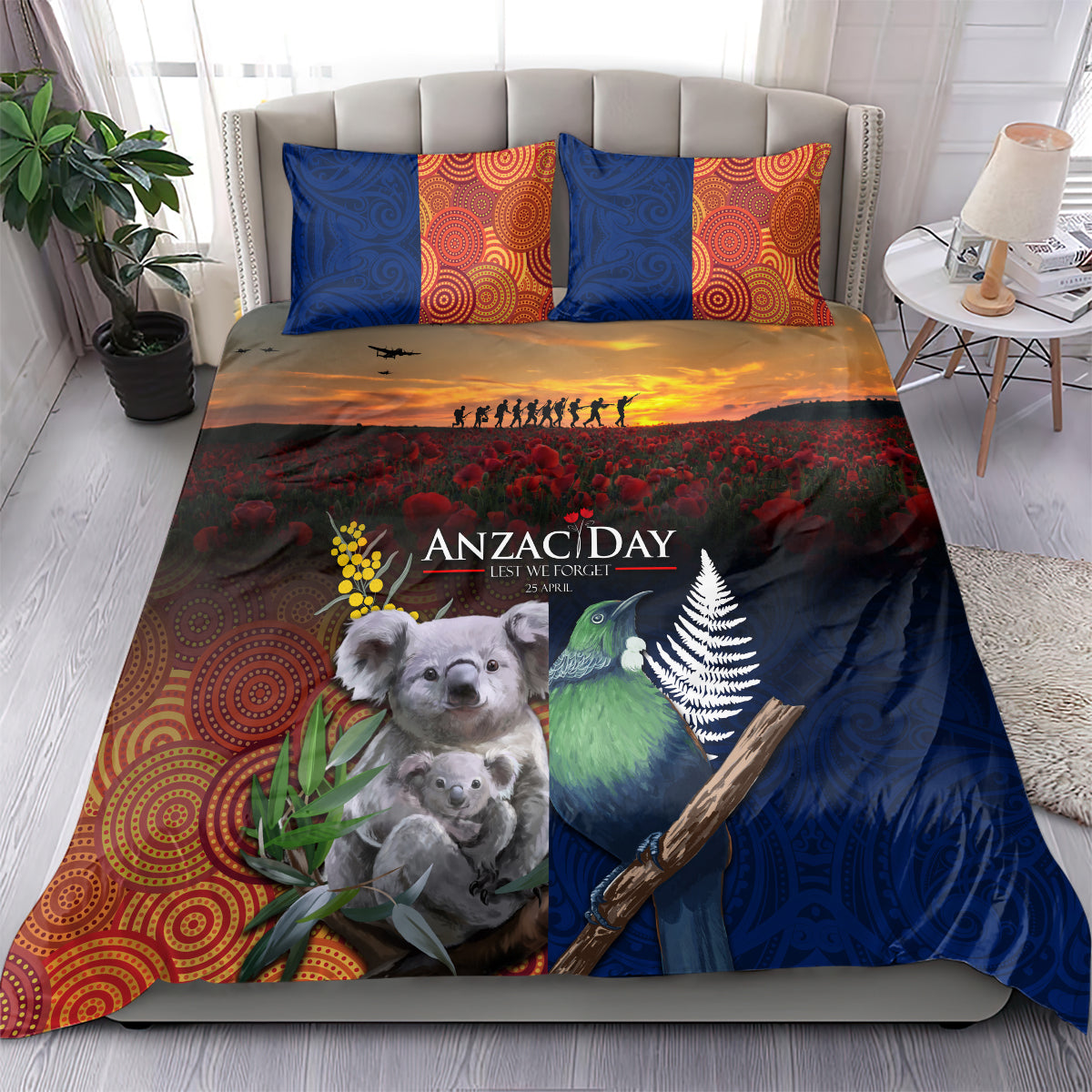 Australia and New Zealand ANZAC Day Bedding Set Tui Bird and Koala mix Maori and Aboriginal Pattern - Vibe Hoodie Shop