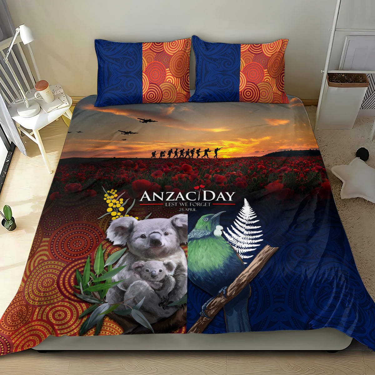 Australia and New Zealand ANZAC Day Bedding Set Tui Bird and Koala mix Maori and Aboriginal Pattern - Vibe Hoodie Shop