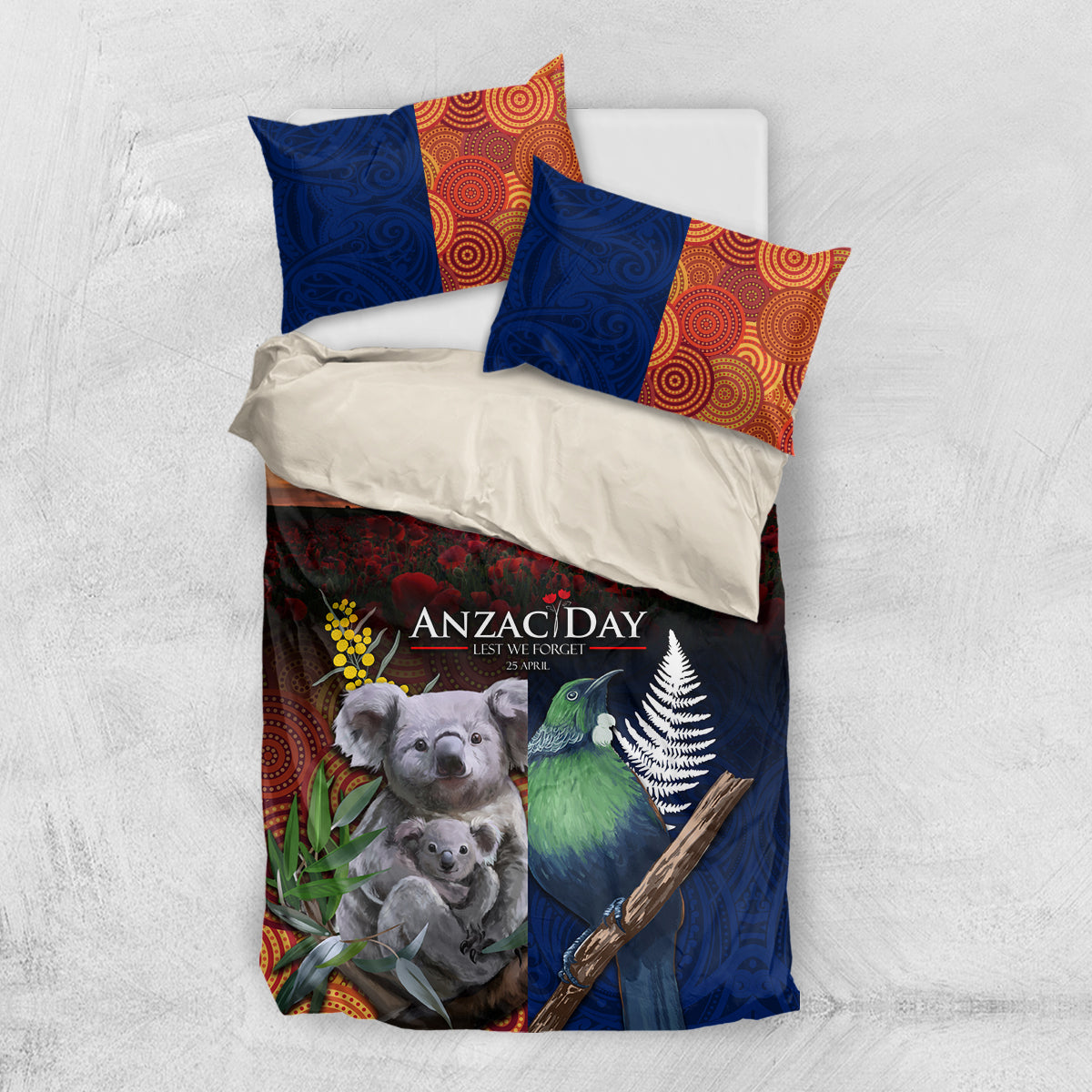 Australia and New Zealand ANZAC Day Bedding Set Tui Bird and Koala mix Maori and Aboriginal Pattern - Vibe Hoodie Shop
