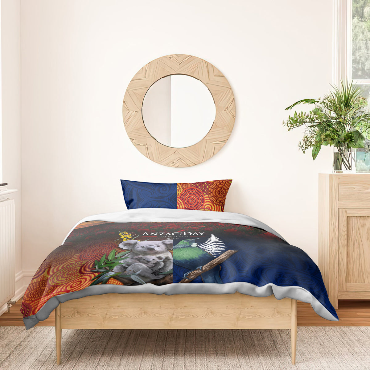 Australia and New Zealand ANZAC Day Bedding Set Tui Bird and Koala mix Maori and Aboriginal Pattern - Vibe Hoodie Shop