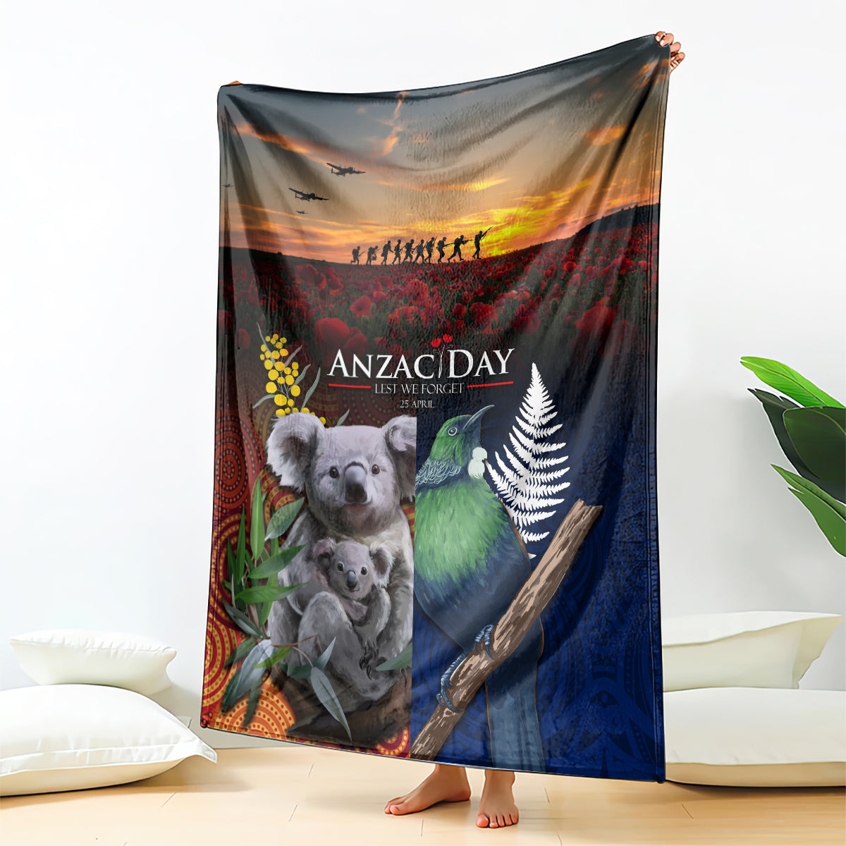 Australia and New Zealand ANZAC Day Blanket Tui Bird and Koala mix Maori and Aboriginal Pattern - Vibe Hoodie Shop