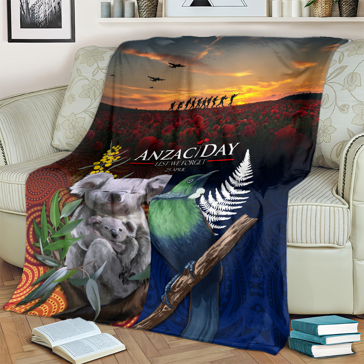 Australia and New Zealand ANZAC Day Blanket Tui Bird and Koala mix Maori and Aboriginal Pattern - Vibe Hoodie Shop