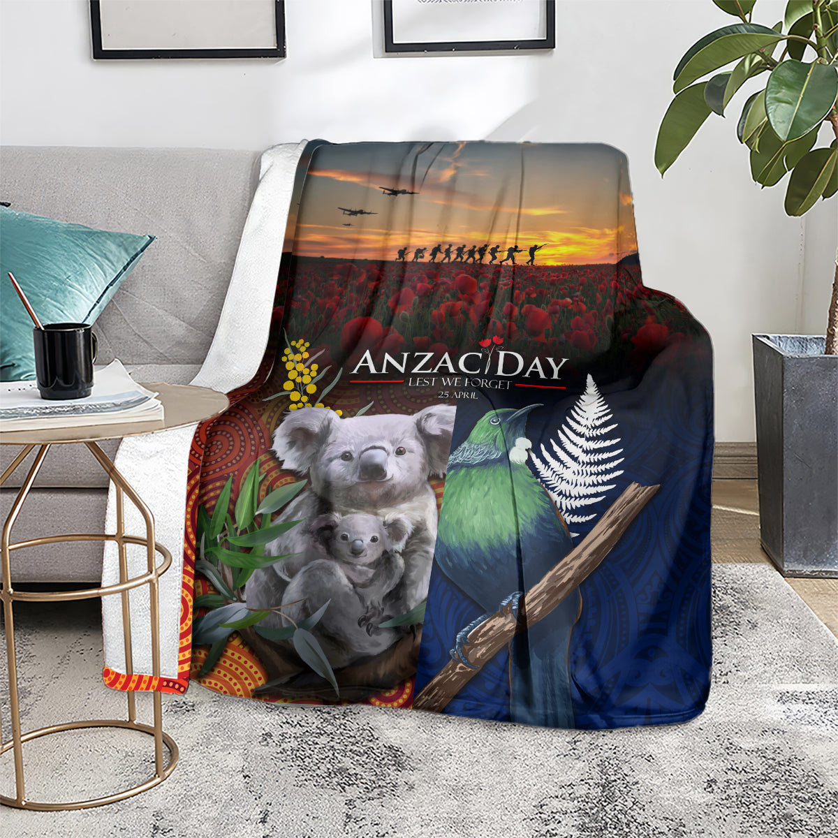 Australia and New Zealand ANZAC Day Blanket Tui Bird and Koala mix Maori and Aboriginal Pattern - Vibe Hoodie Shop