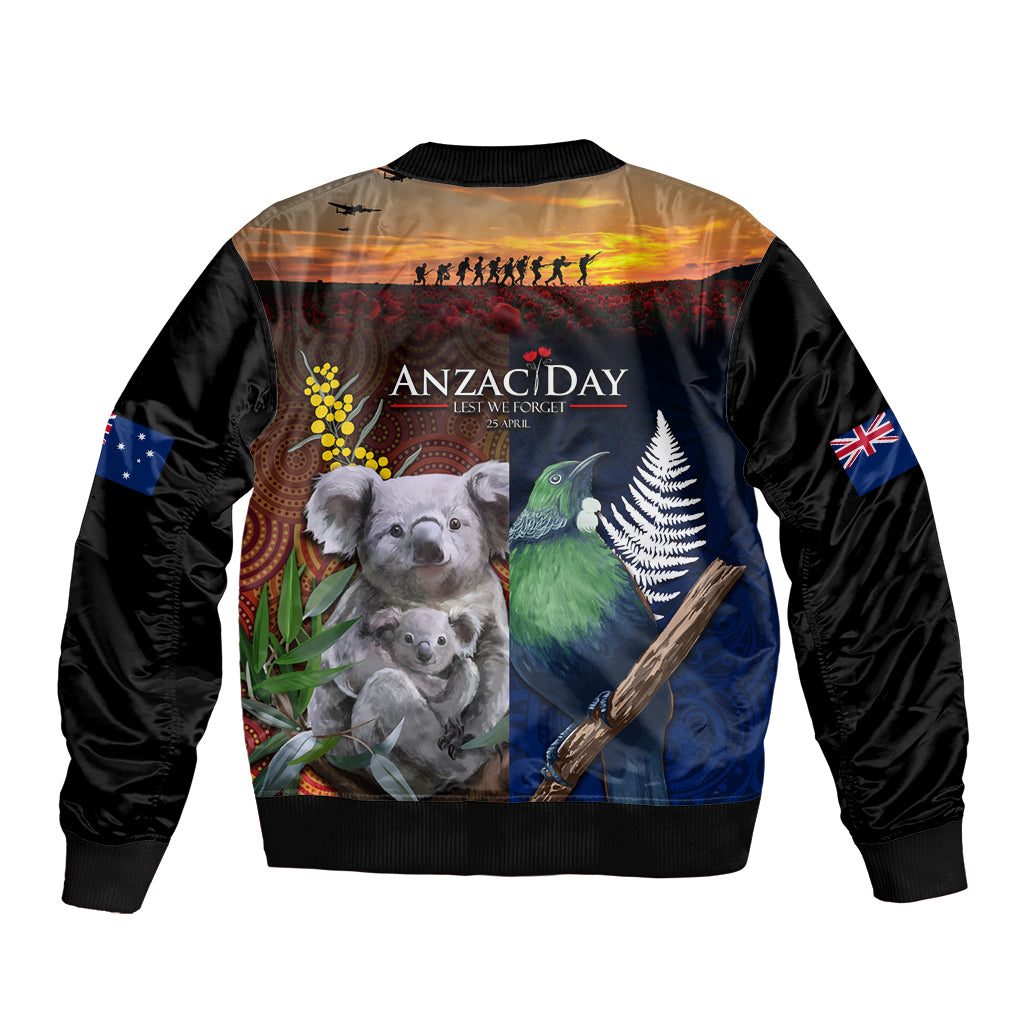 Australia and New Zealand ANZAC Day Bomber Jacket Tui Bird and Koala mix Maori and Aboriginal Pattern - Vibe Hoodie Shop
