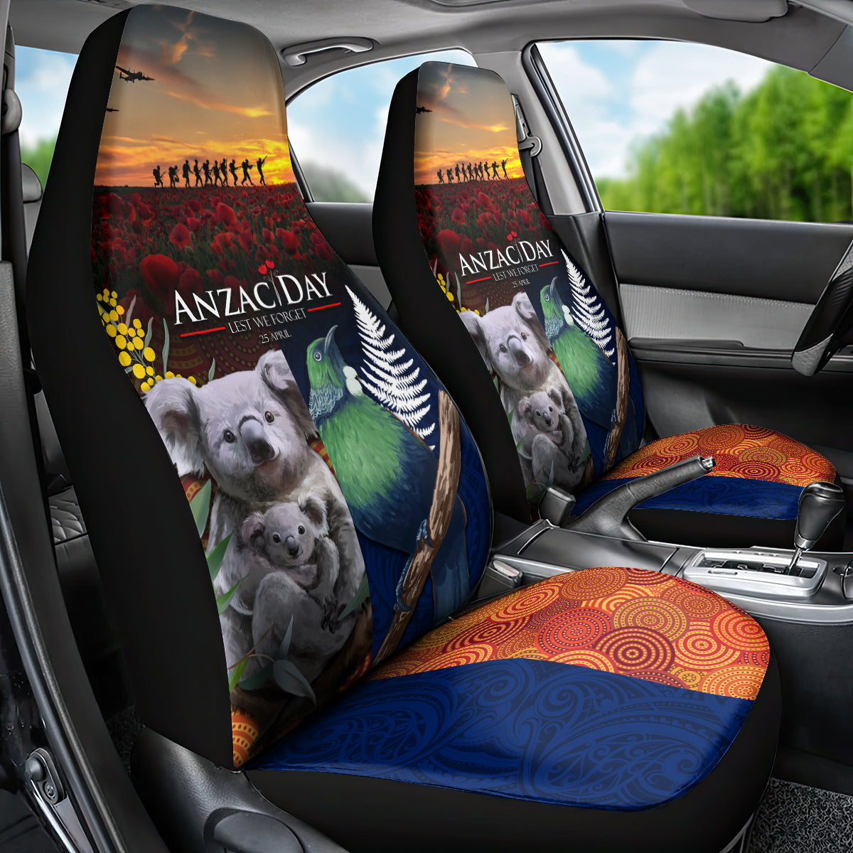 Australia and New Zealand ANZAC Day Car Seat Cover Tui Bird and Koala mix Maori and Aboriginal Pattern - Vibe Hoodie Shop