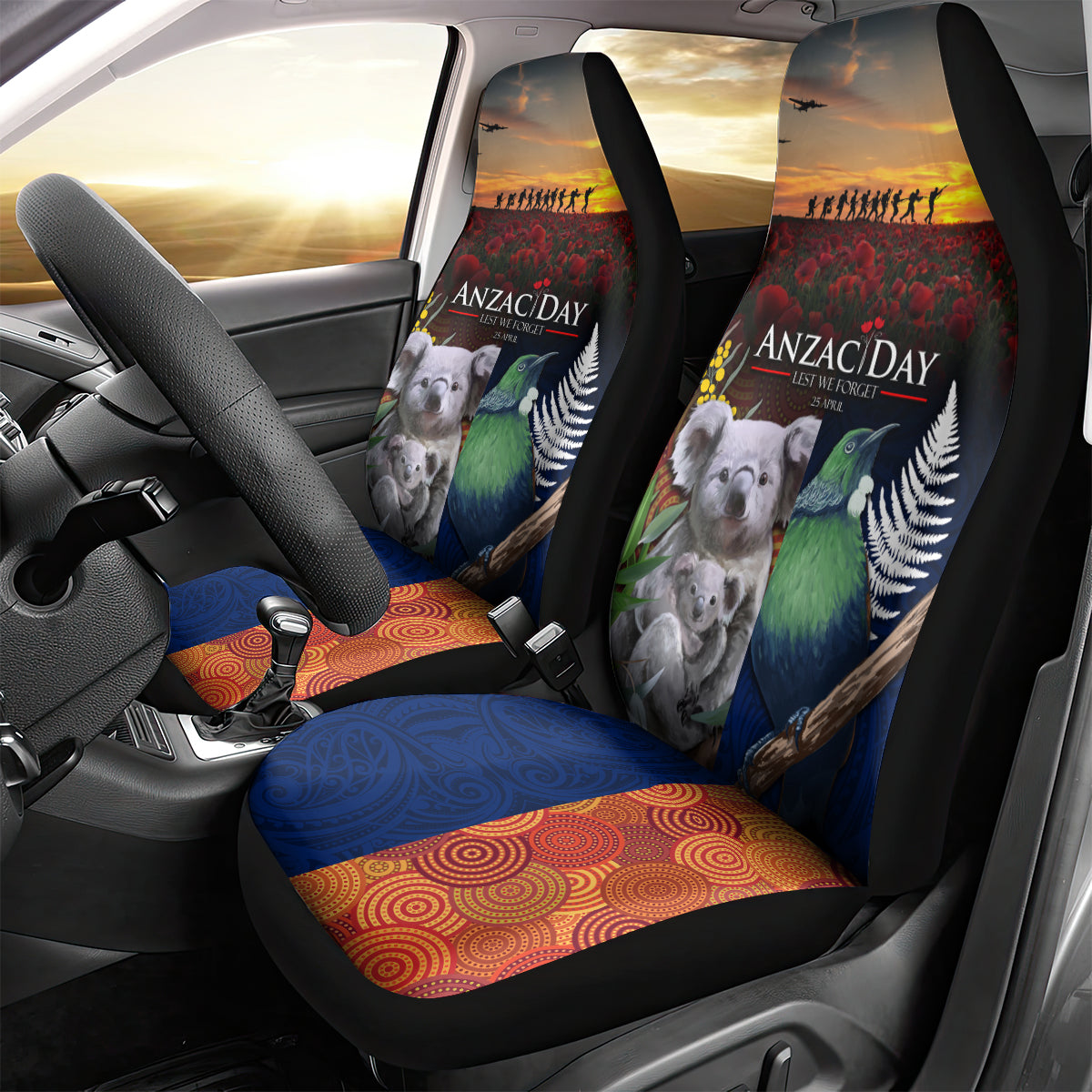 Australia and New Zealand ANZAC Day Car Seat Cover Tui Bird and Koala mix Maori and Aboriginal Pattern - Vibe Hoodie Shop