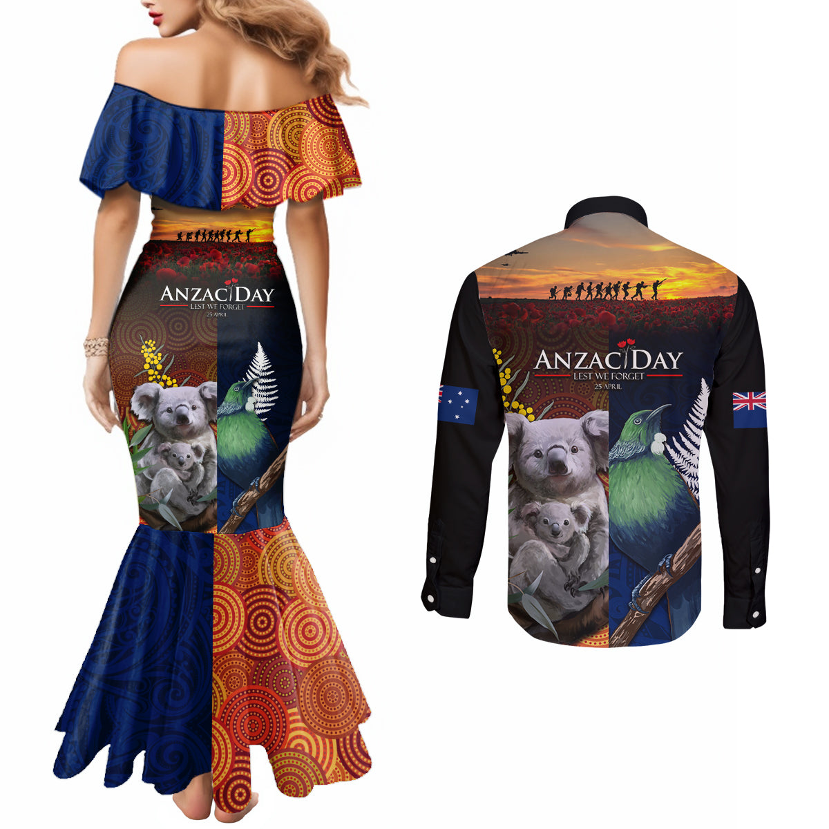 Australia and New Zealand ANZAC Day Couples Matching Mermaid Dress and Long Sleeve Button Shirt Tui Bird and Koala mix Maori and Aboriginal Pattern